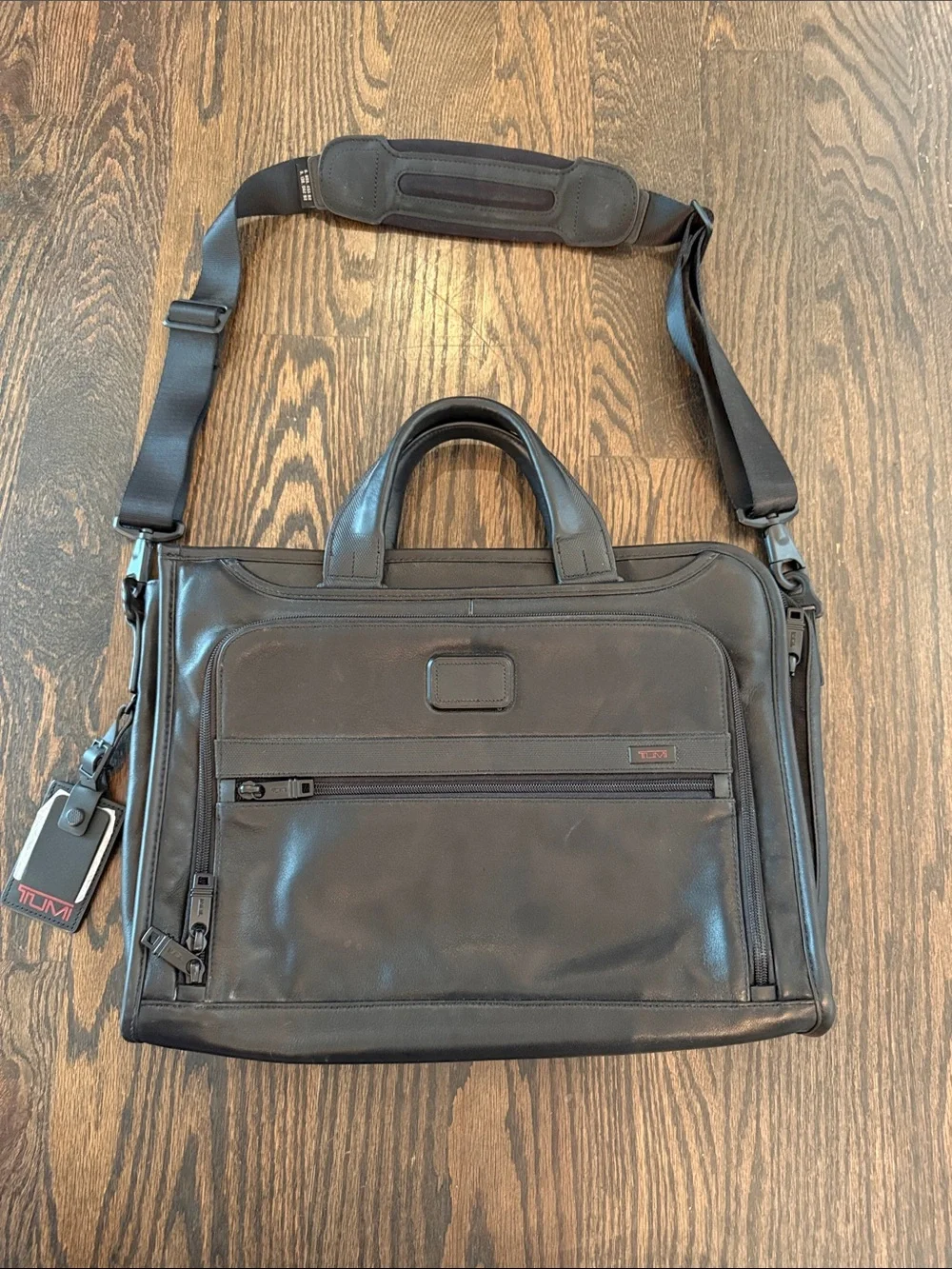 Tumi Black Leather Laptop Briefcase with Shoulder Strap